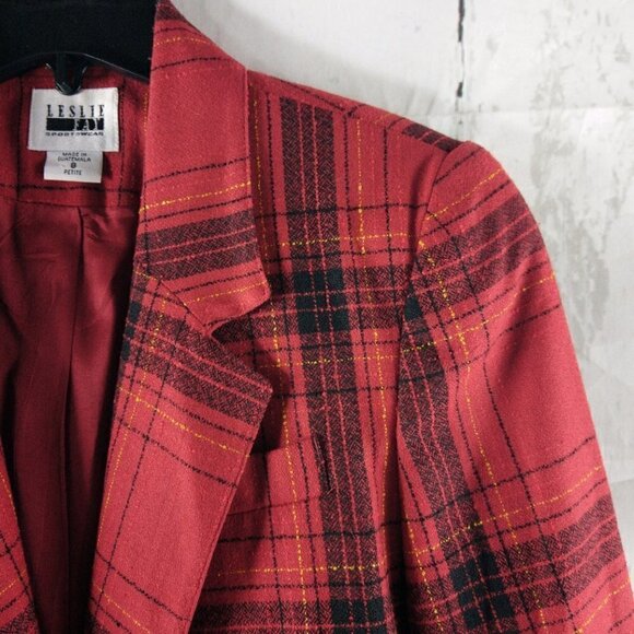 Leslie Fay Sportswear Womens Size 8P Red Plaid 1 Button Suit Blazer Sport Coat - Picture 3 of 12